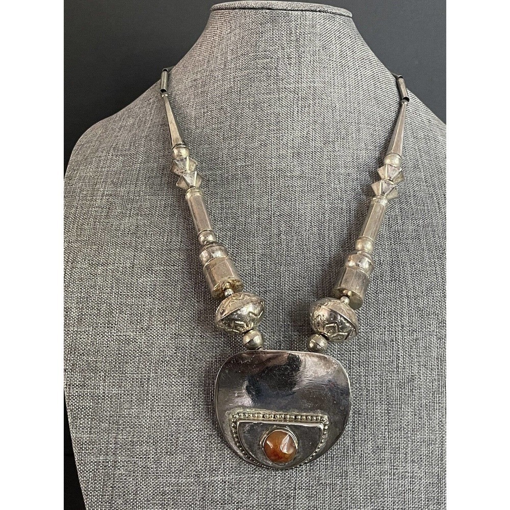 Vintage Nickel Plated 24” Boho 80’s Pendant Festival Hippie Statement Necklace